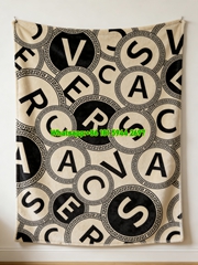 Versace Beige Black Greek Key Monogram Print Flannel Sofa Throw Blanket IMG_1432